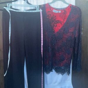 Retro Chico's Black Pants and Red L/S Shirt with Black Long Sleeve Cardigan